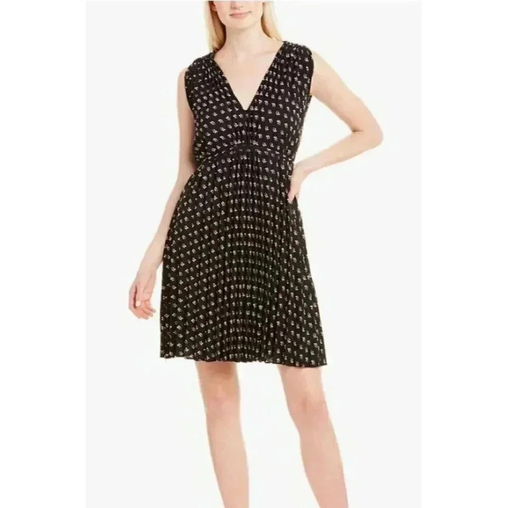 Max Studio Women's V-Neck Pleated Shift Dress, Black/Red Delicate Daisy, XL